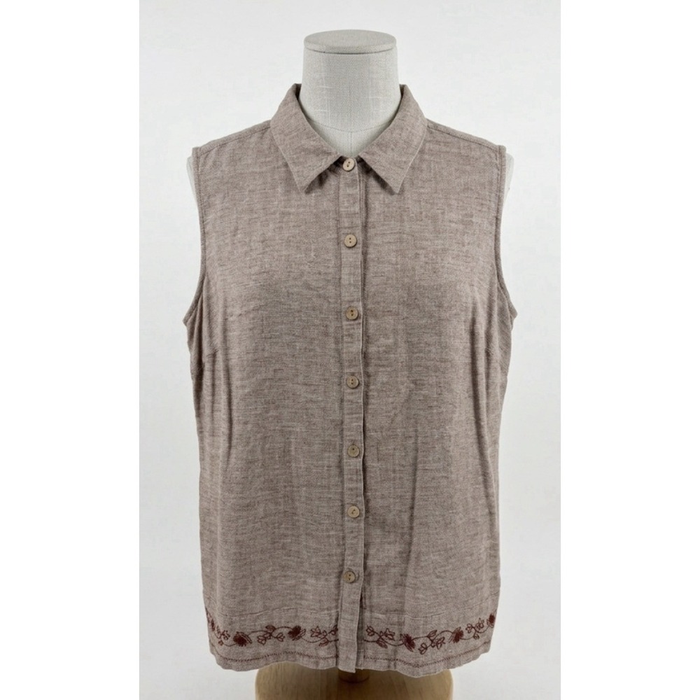 Vtg Boho Linen Rayon Sleeveless Shirt 22W 24W Floral Embroidered Lagenlook Top